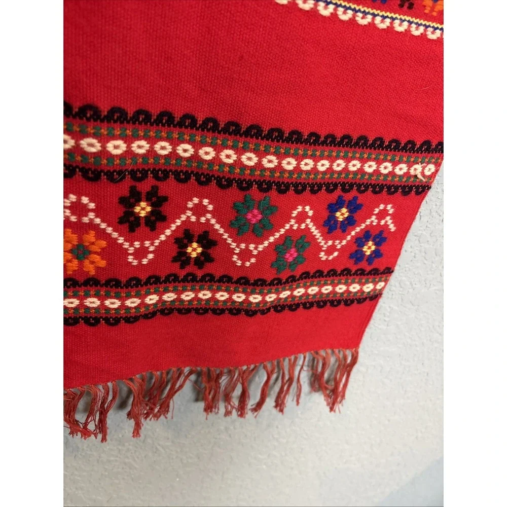 Mid Century Table Runner Red Wool Folk Embroidered Geometric MCM Holiday Vintage